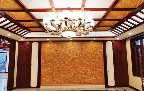 克拉玛依中式别墅客厅中式木作横梁吊顶装饰展示